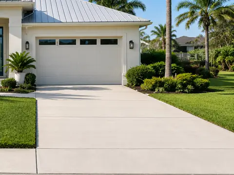 Example photo: the driveway and two-car garage of a white house, with palms behind it