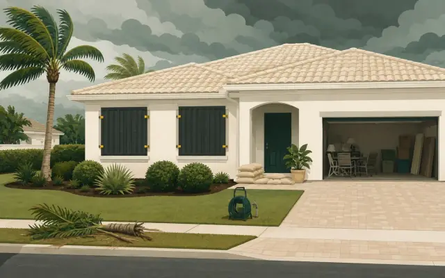 Illustration of a single-story home with dark storm shutters closed over its windows under grey clouds